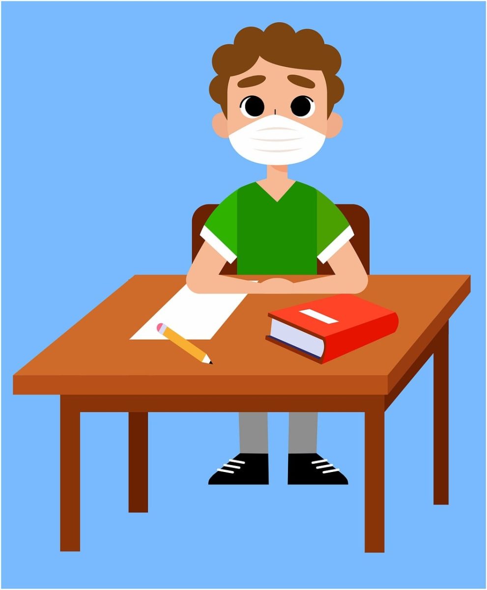 boy, student, mask, desk, corona, covid-19, protection, health, virus, pandemic, new normal, education, classroom, class, avatar, boy avatar, student avatar, drawing, cartoon, digital drawing